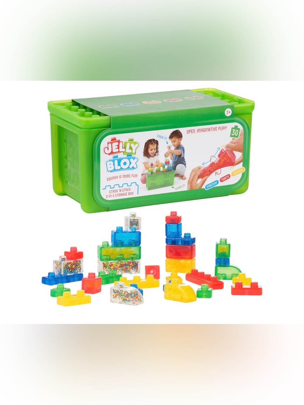 Jelly Blox Stash 'N Stack 2-in-1 Storage Case, 30 Blocks Toddler/Preschool